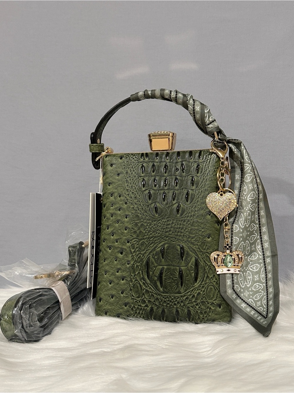 Isabelle Olive Green Croc-Embossed Box Clutch/Crossbody with Scarf Charm NWT’S